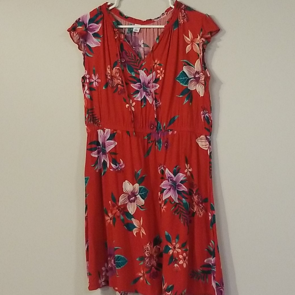 Red, floral, ruffle cap sleeve dress